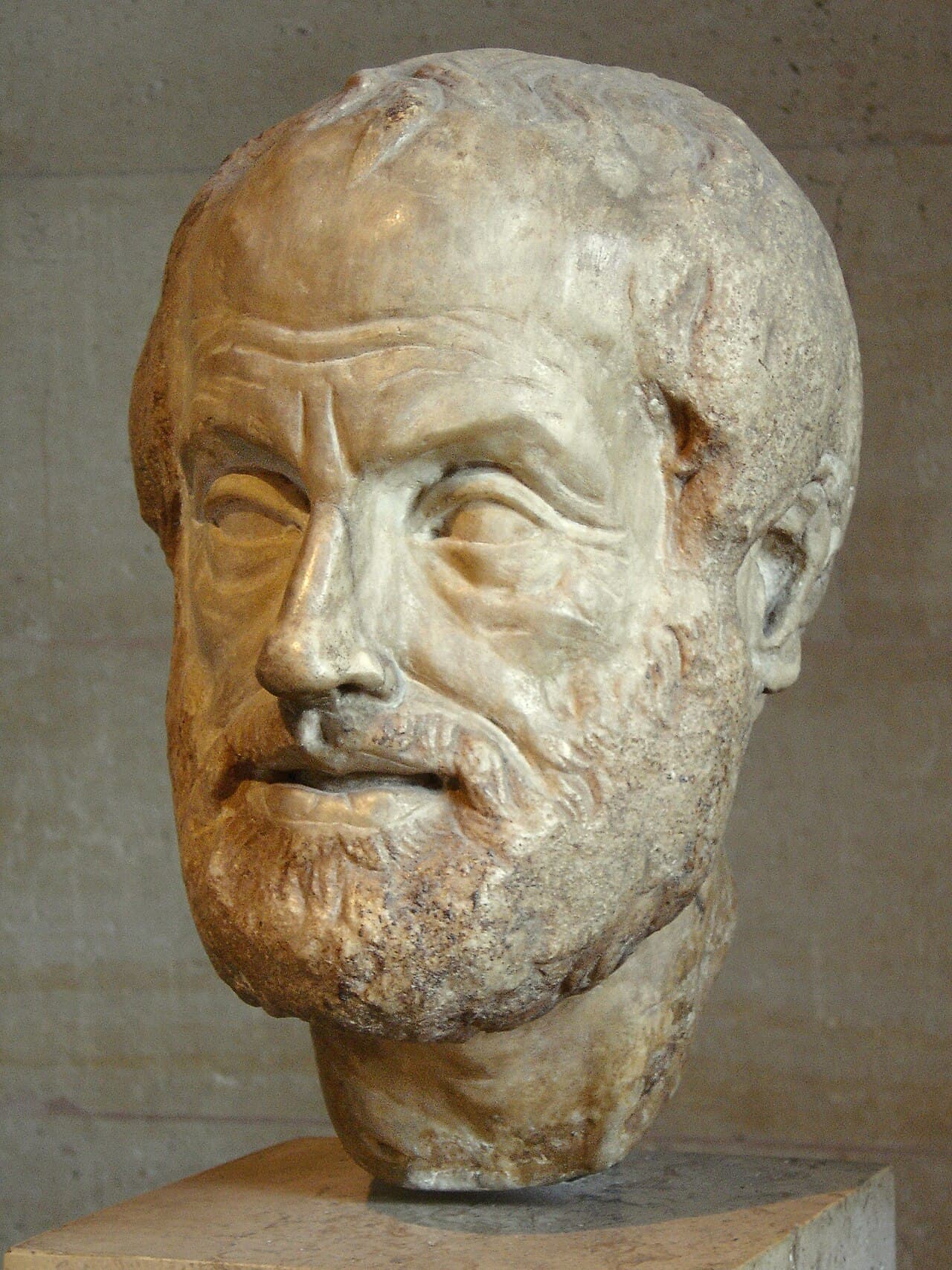 Römische Marmorbüste des Aristoteles, Kopie des 1.-2. Jahrhunderts nach Lysipp, Louvre.