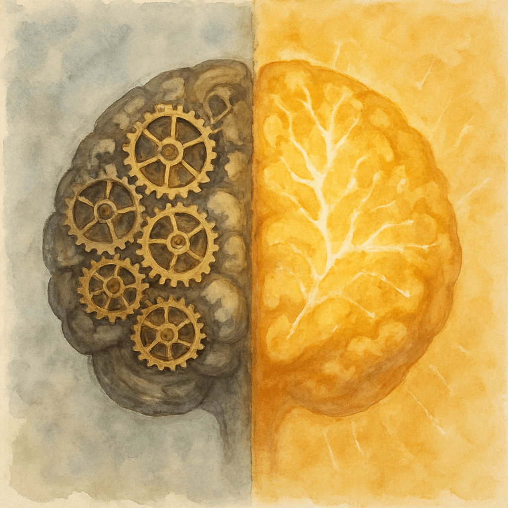 Un cerveau humain stylisé dont la moitié est composée d'engrenages mécaniques et l'autre moitié rayonne d'une lumière dorée transcendante.