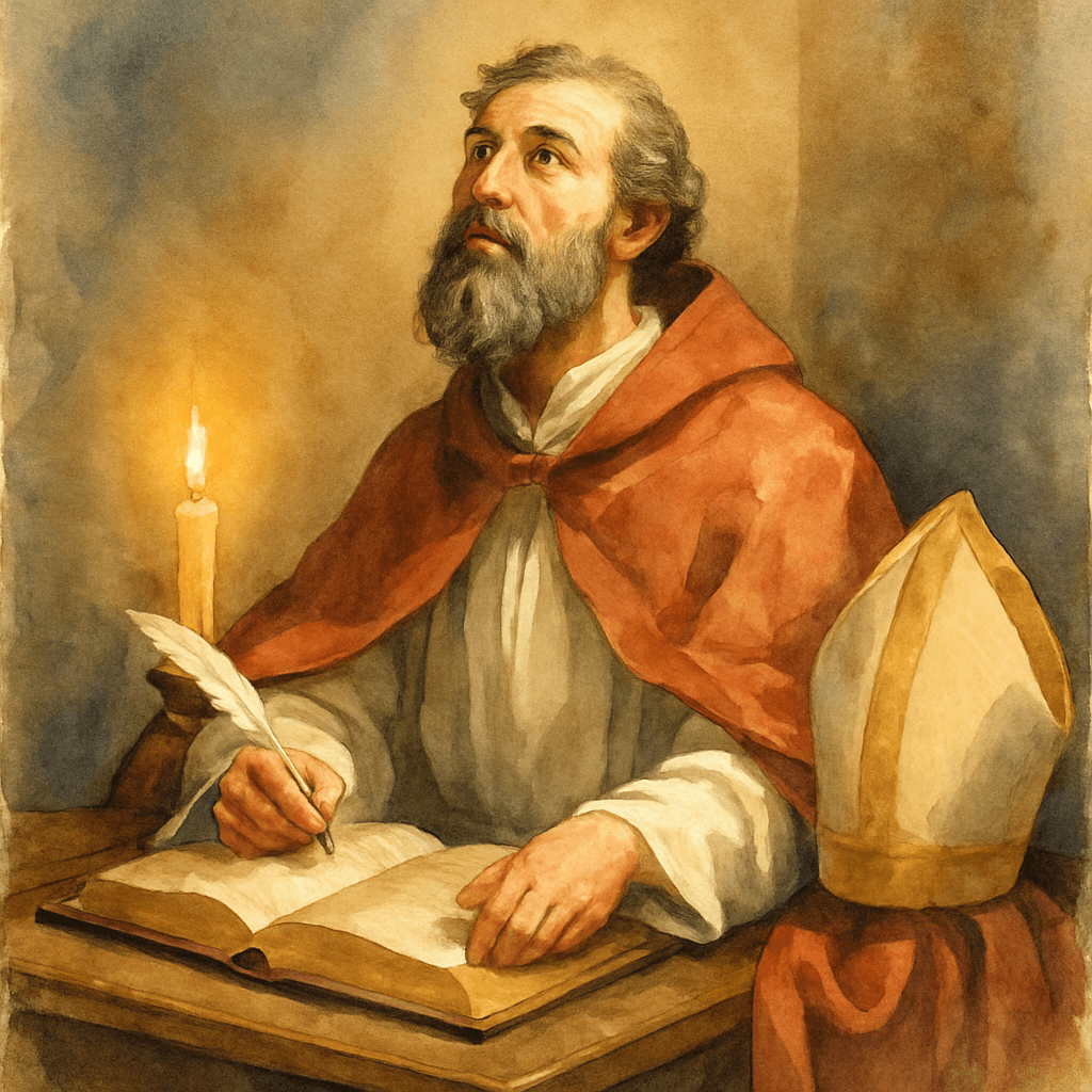 Saint Augustin représenté à sa table d'écriture, baigné d'une lumière dorée, plume à la main, livre ouvert devant lui.