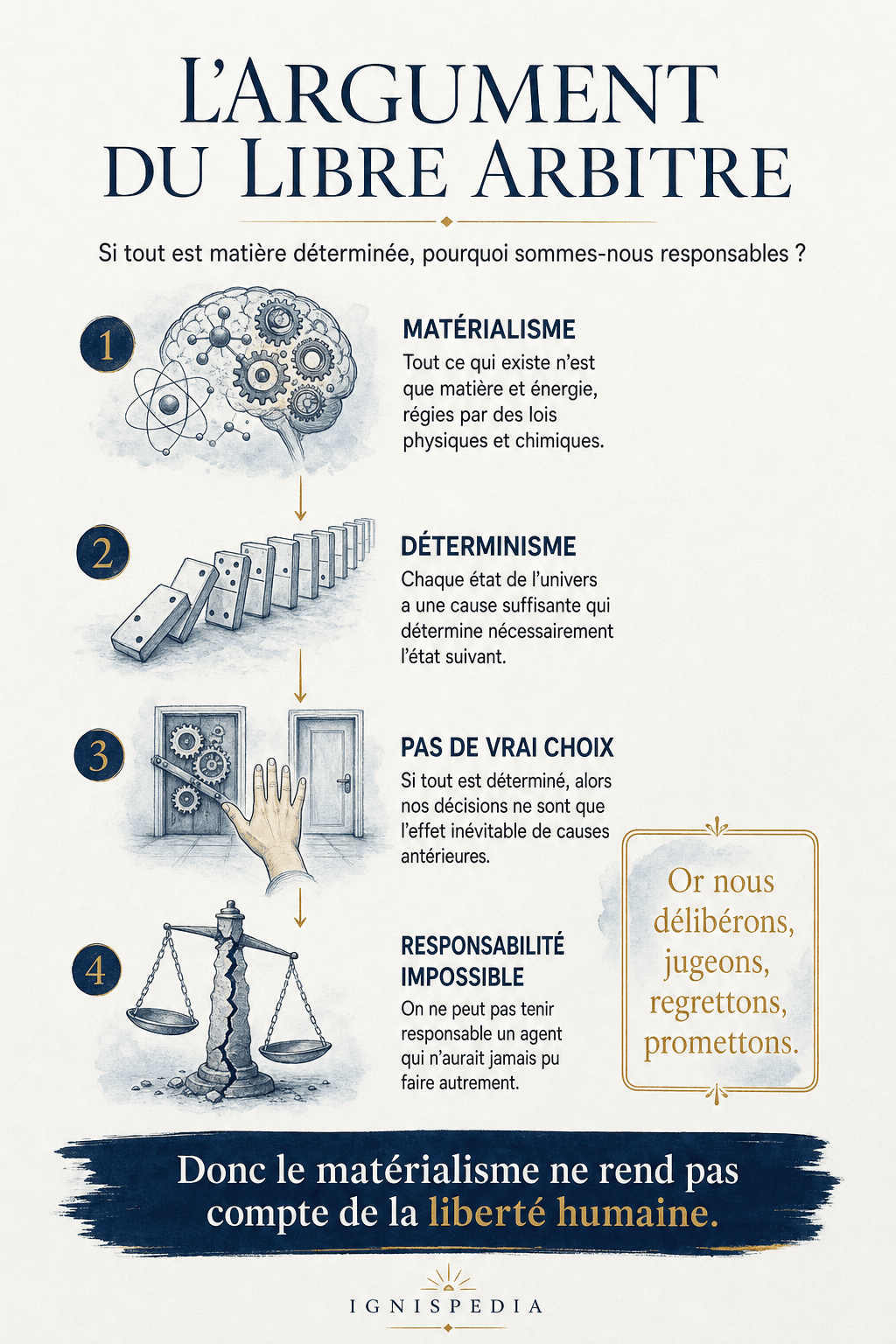 Infographie Ignispedia présentant les quatre étapes de l'argument du libre arbitre contre le matérialisme.
