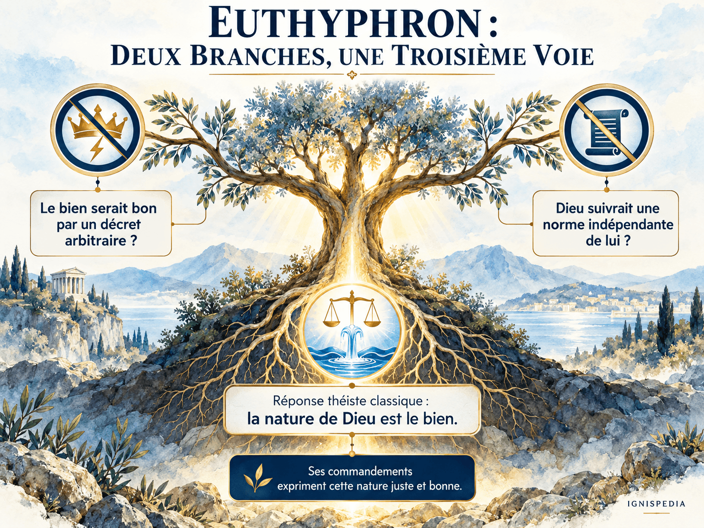 Un arbre présente les deux branches du dilemme d'Euthyphron et une troisième réponse fondée sur la bonté de Dieu.