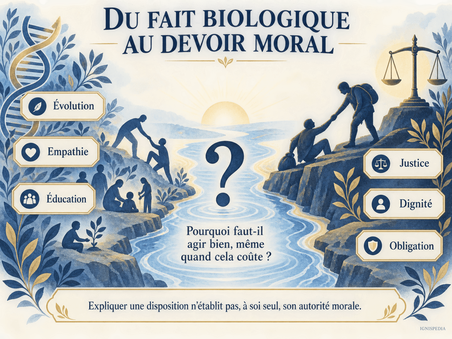 Deux rives séparent les explications biologiques et éducatives des devoirs de justice et de respect.