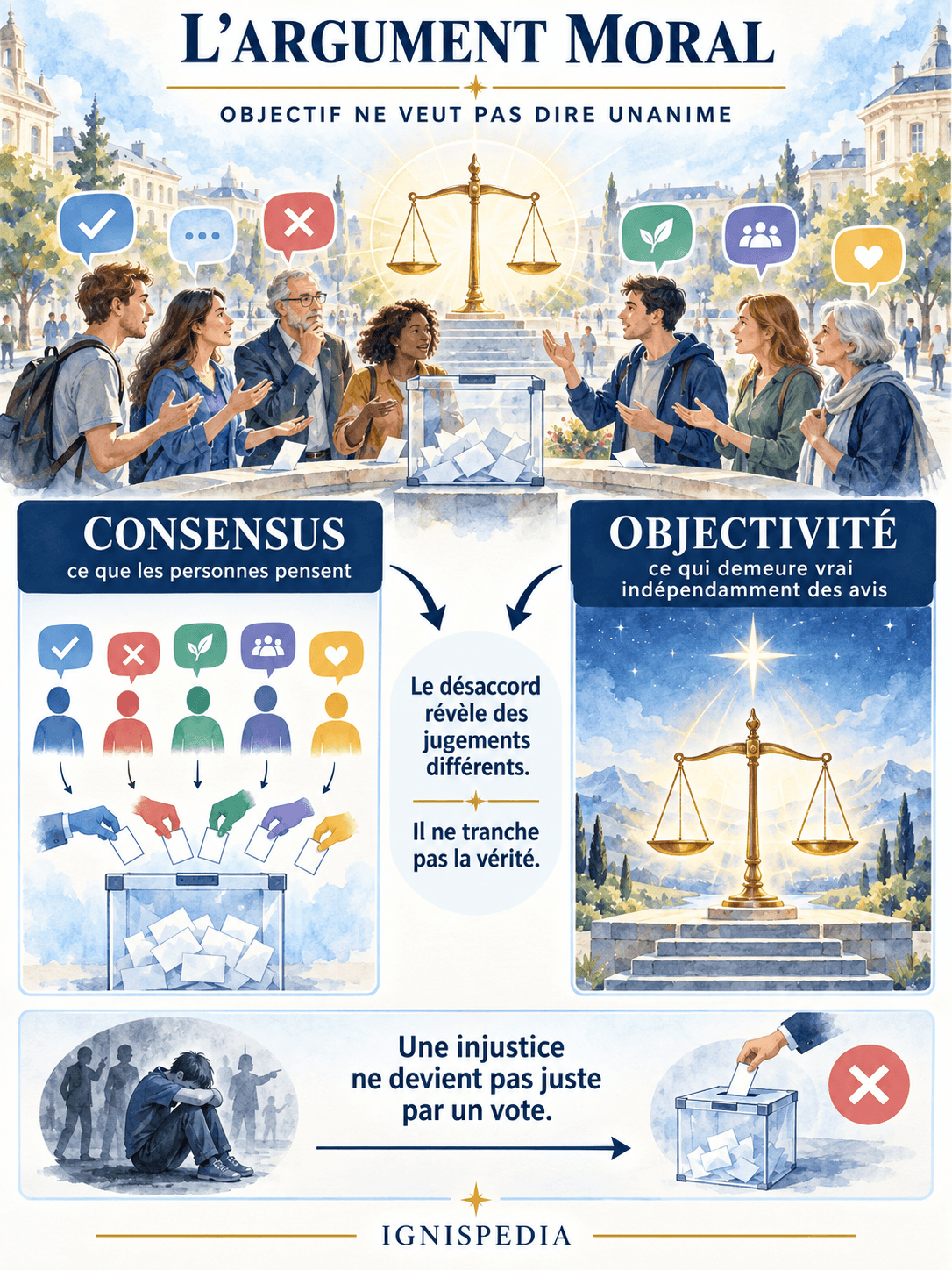 Une urne, des opinions divergentes et une balance distinguent l'accord des personnes de la vérité morale.