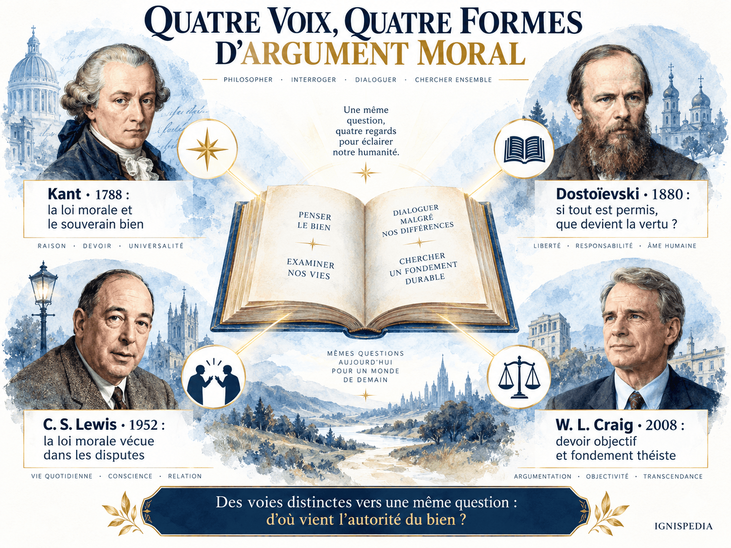 Kant, Dostoïevski, C. S. Lewis et William Lane Craig représentent quatre formulations historiques de l'argument moral.
