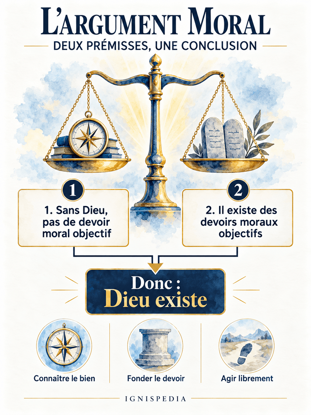 Une balance de justice accompagne les deux points de départ du raisonnement et sa conclusion sur Dieu.