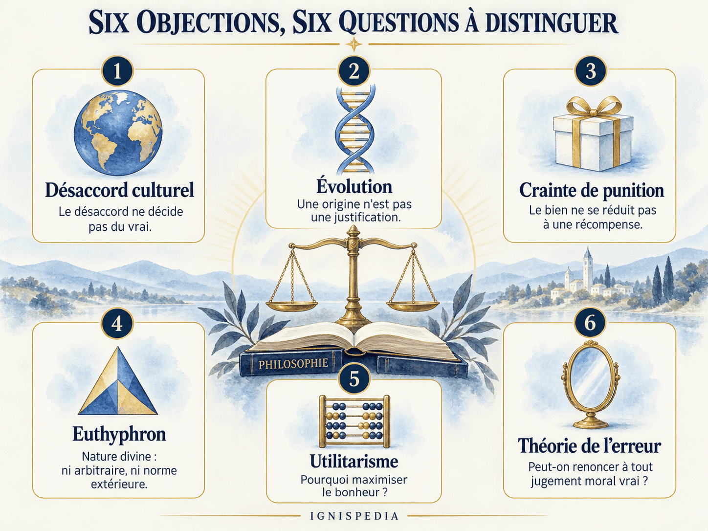 Six objections portent sur les cultures, l'évolution, la punition, le rapport entre Dieu et le bien, le bonheur collectif et le rejet des vérités morales.