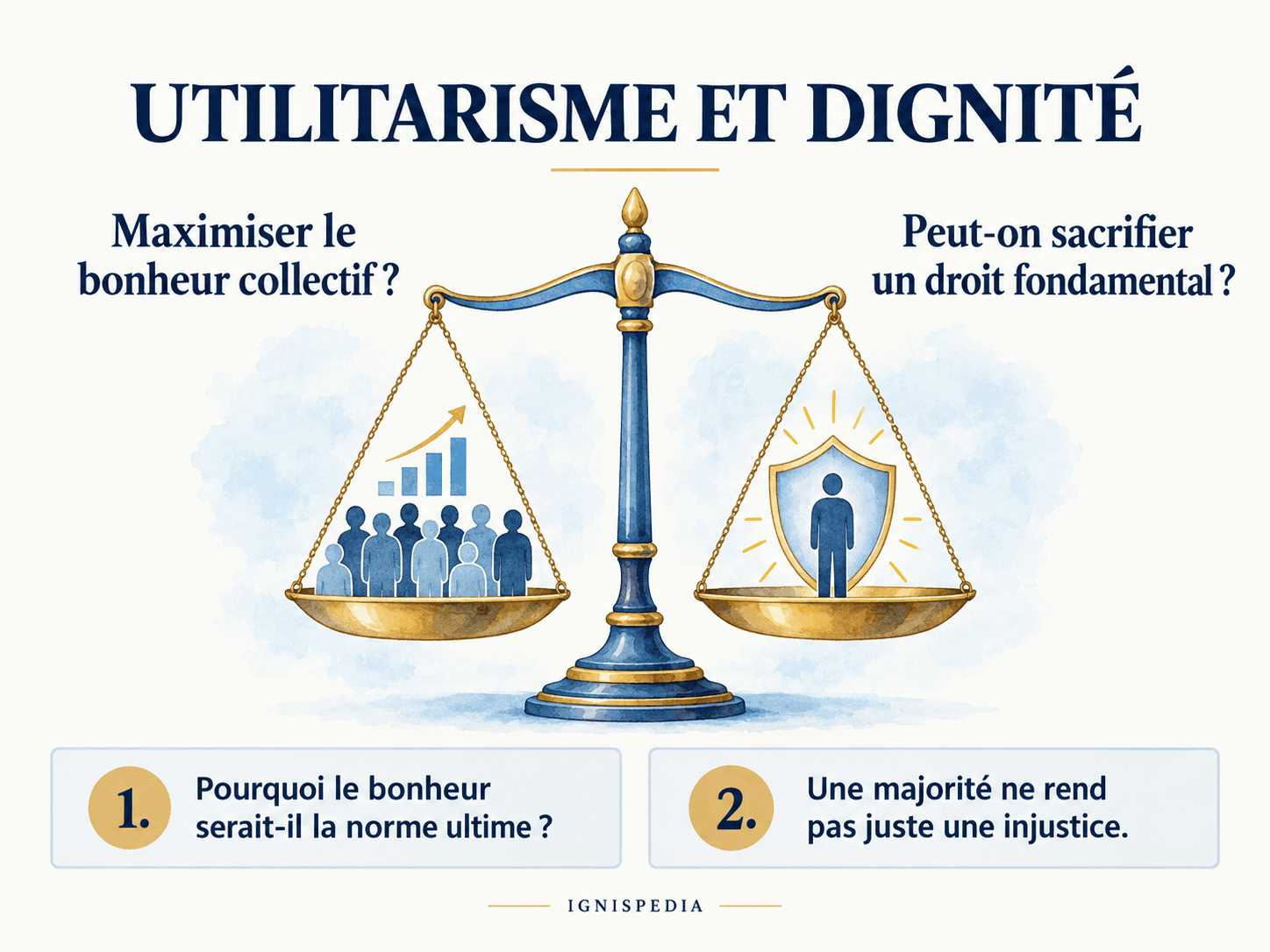 Une balance compare le bonheur collectif et le droit fondamental d'une personne.