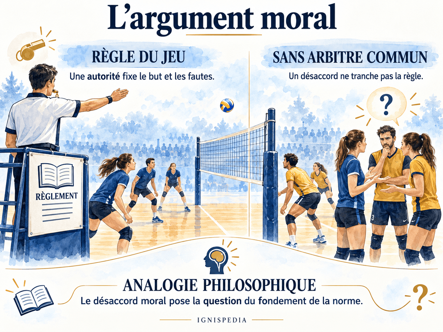 Un terrain de volley oppose un règlement reconnu à une discussion entre joueurs sur les règles.