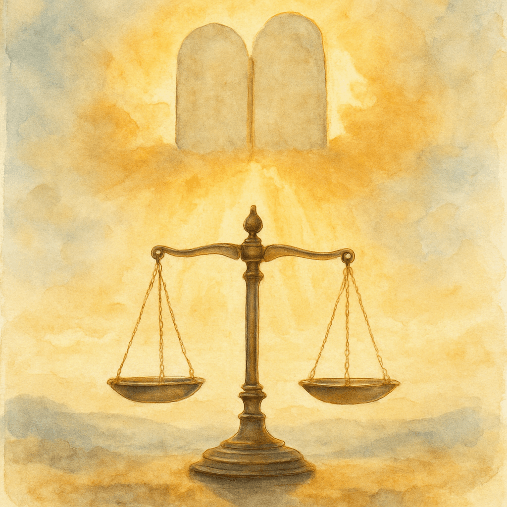 Una balanza de la justicia coronada por las tablas de la Ley, bañada en una luz dorada que desciende del cielo.