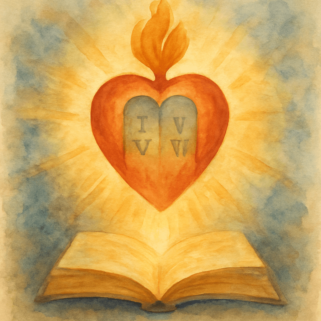 Una luz dorada que ilumina un corazón estilizado que contiene la silueta de una tabla de la Ley, suspendido sobre un libro abierto.