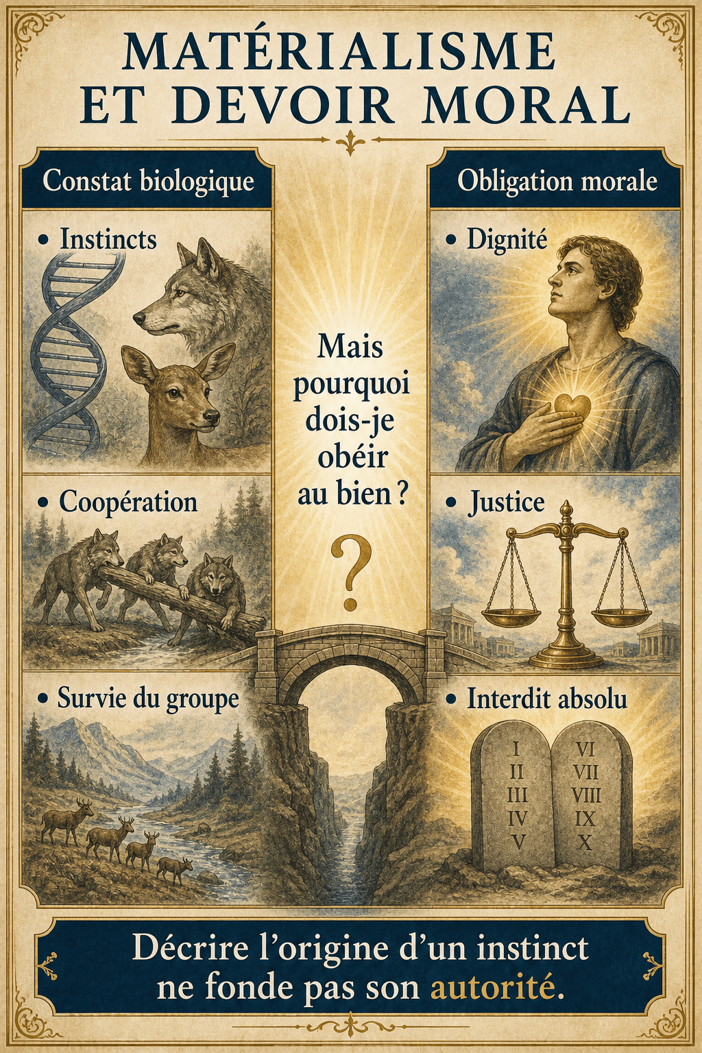 Infographie comparant le constat biologique et l'obligation morale dans l'argument moral.