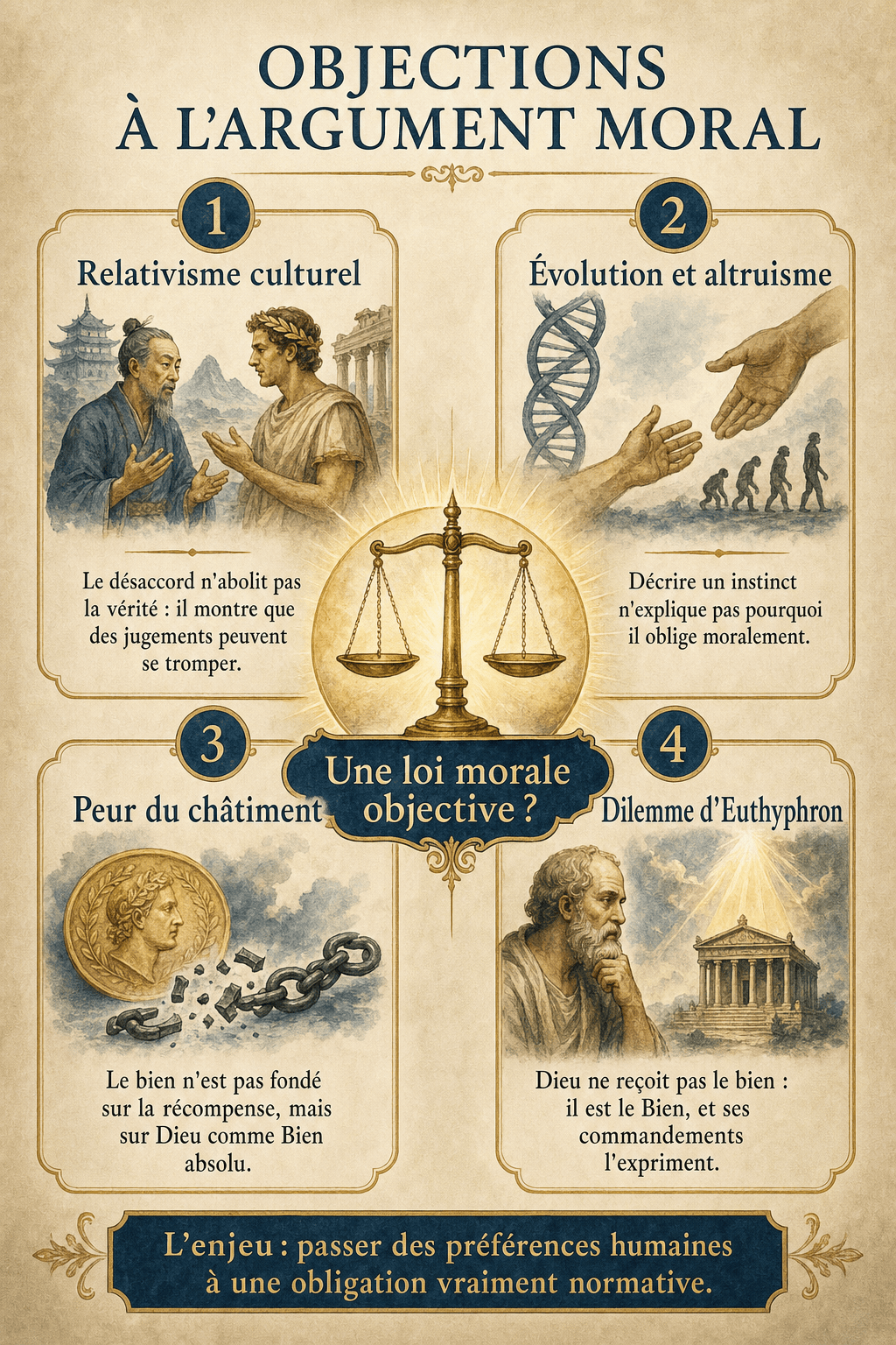 Infographie présentant quatre objections à l'argument moral : relativisme culturel, évolution et altruisme, peur du châtiment, dilemme d'Euthyphron.