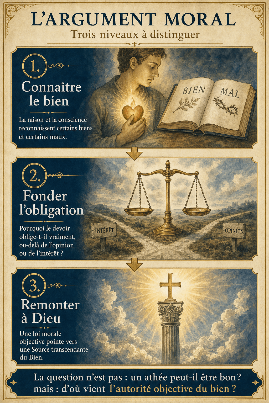 Infographie expliquant les trois niveaux de l'argument moral : connaître le bien, fonder l'obligation, remonter à Dieu.