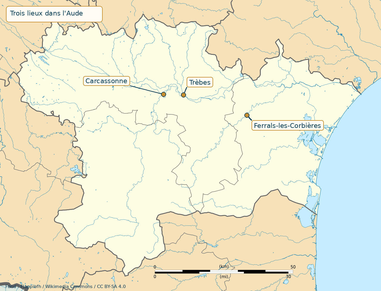 Carte réelle de l'Aude localisant Carcassonne, Trèbes et Ferrals-les-Corbières
