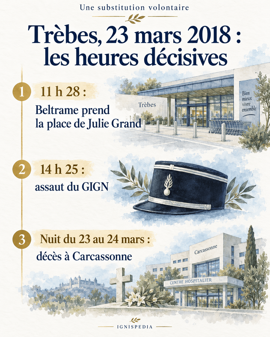 Chronologie de la substitution à 11 h 28, de l'assaut à 14 h 25 et du décès dans la nuit du 23 au 24 mars