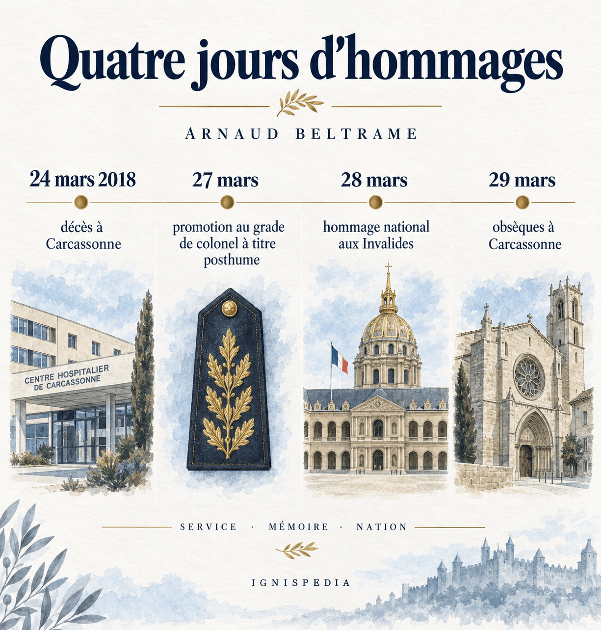 Quatre dates des hommages rendus à Arnaud Beltrame du 24 au 29 mars 2018