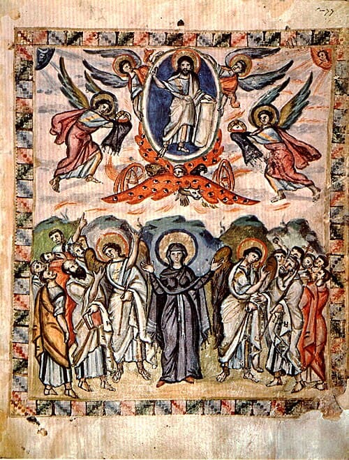 Miniatur der Himmelfahrt aus den Evangelien des Rabbula, mit Maria in der Mitte der Apostel.