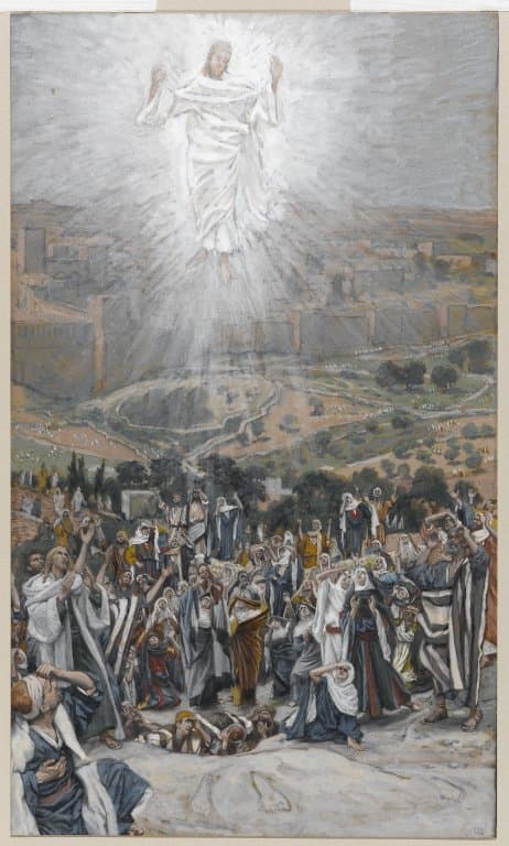 Christus, mit erhobenen Händen zum Himmel erhoben, vor seinen Jüngern, von James Tissot.