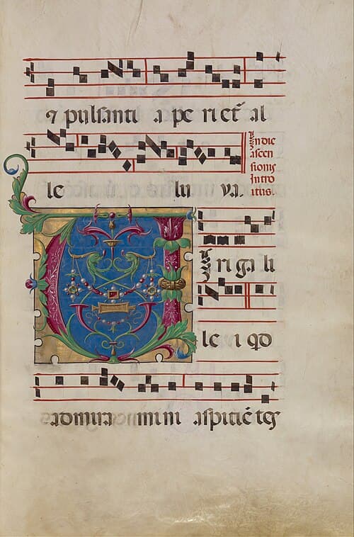 Alte Seite des Introitus Viri Galilaei mit illuminiertem Anfangsbuchstaben und Quadratnotation.