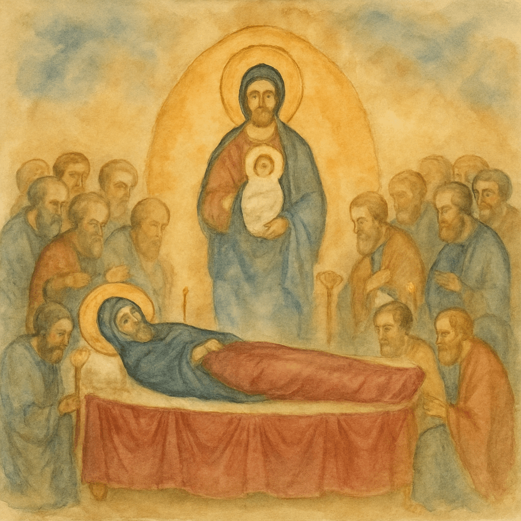 Iconographie classique de la Dormition byzantine : Marie étendue sur un lit funéraire entourée des apôtres, et au-dessus le Christ recueillant l'âme de sa Mère sous la forme d'un nouveau-né enveloppé de blanc.