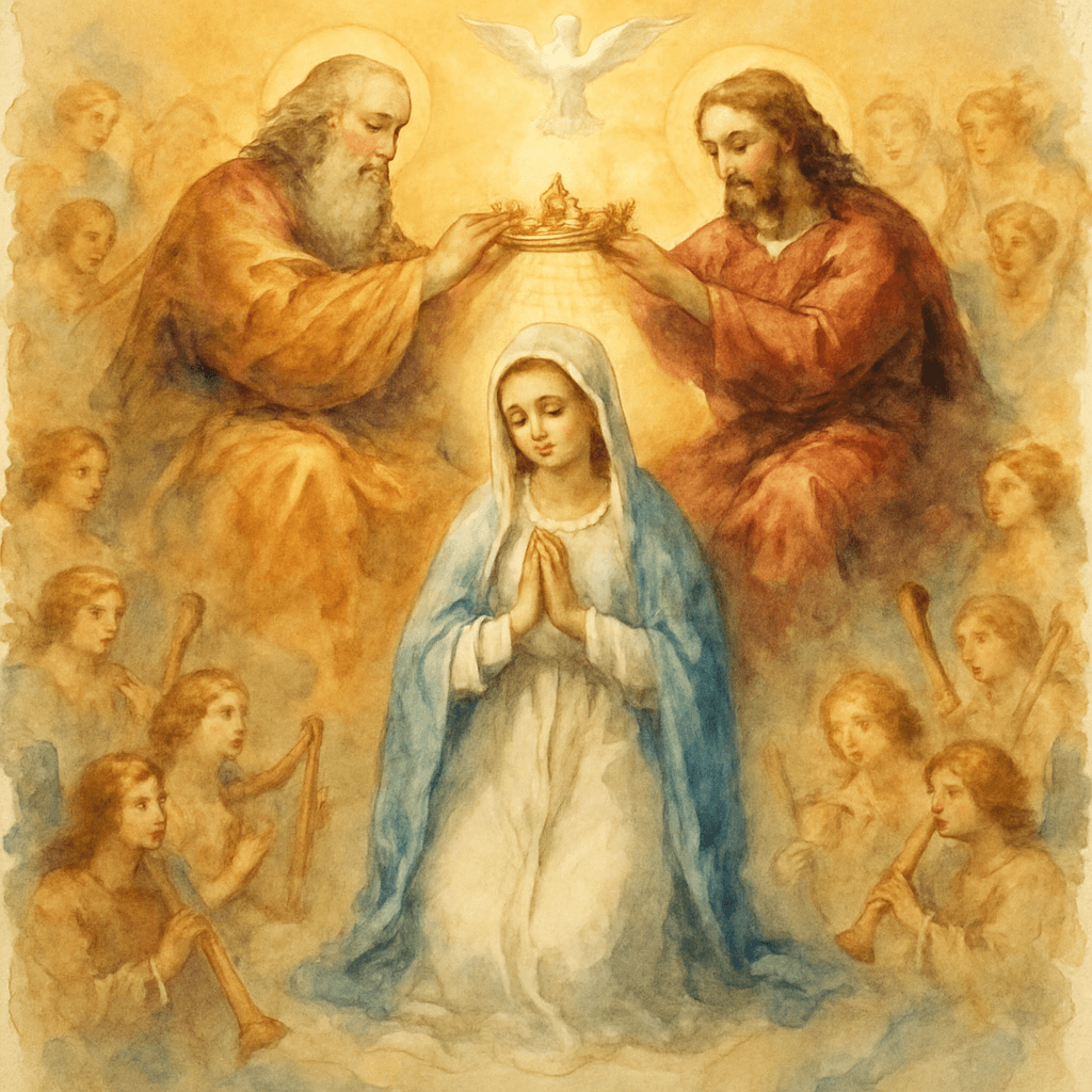 La Vierge couronnée par le Christ dans la gloire céleste, environnée d'anges adorateurs.