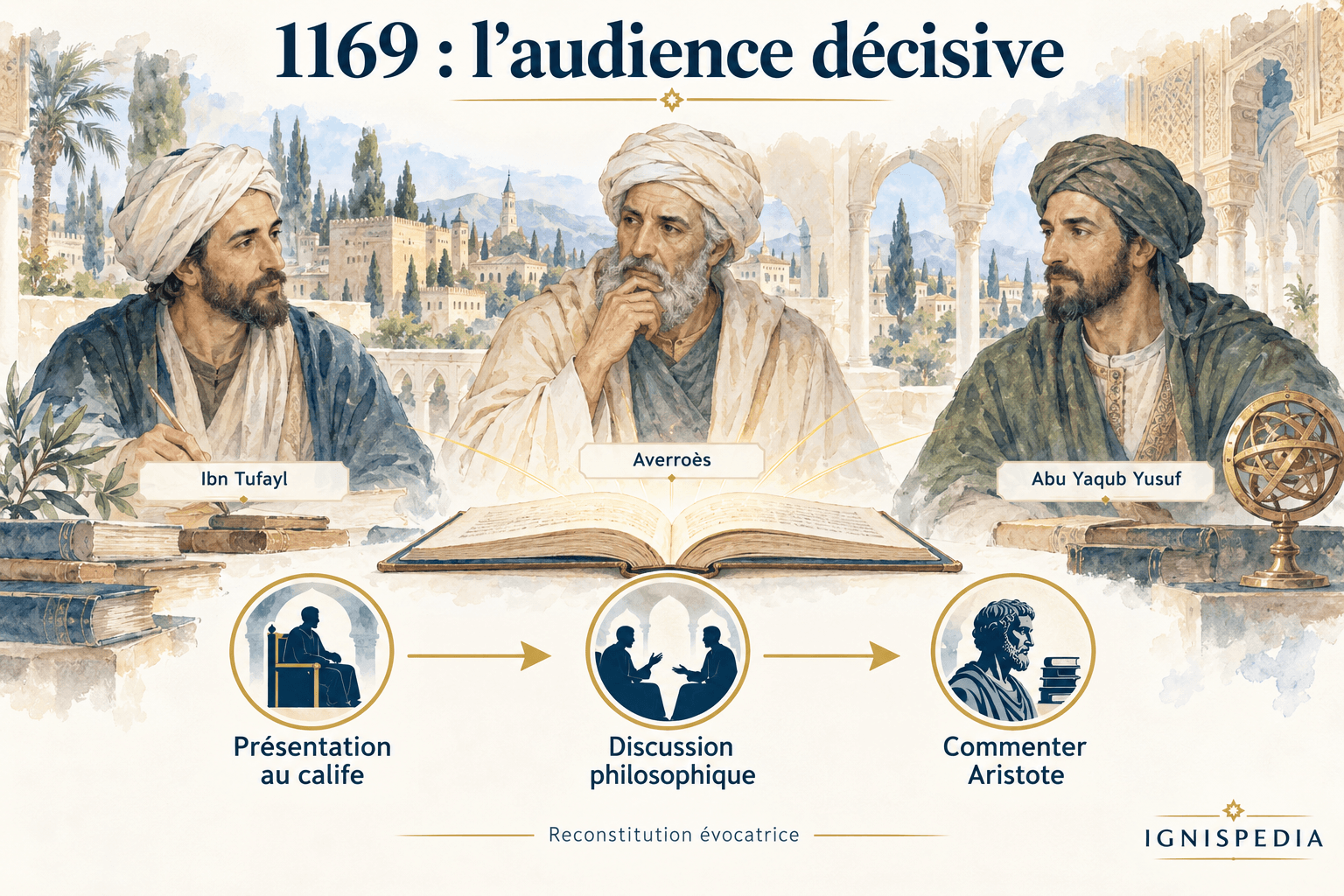 1169'daki kabulde İbn Tufeyl, İbn Rüşd ve halifenin rolü, canlandırma niteliğinde tasvir