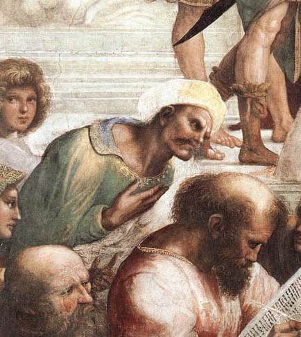 Raphael'in Atina Okulu freskinde genellikle İbn Rüşd ile özdeşleştirilen figür