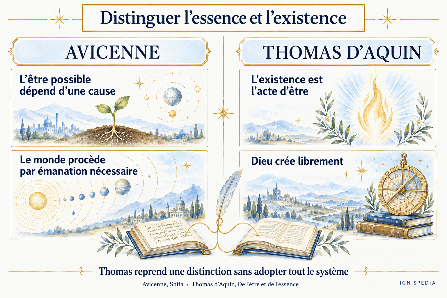 La réception de la distinction essence et existence, et la différence entre émanation nécessaire et création libre