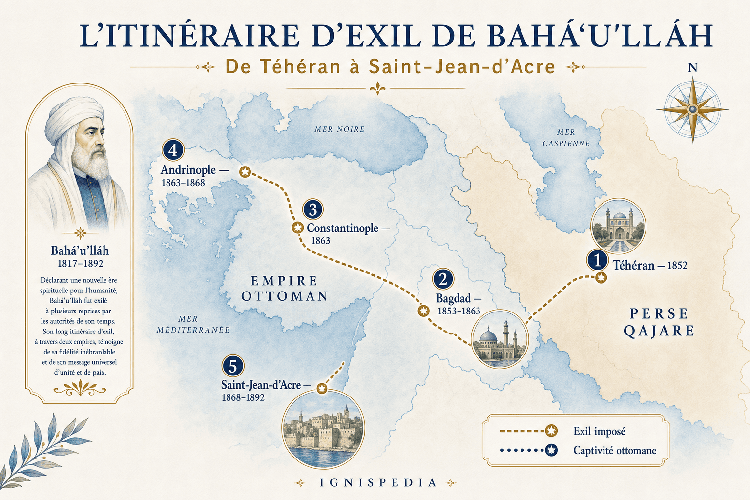 Carte de l'itinéraire d'exil de Bahá'u'lláh