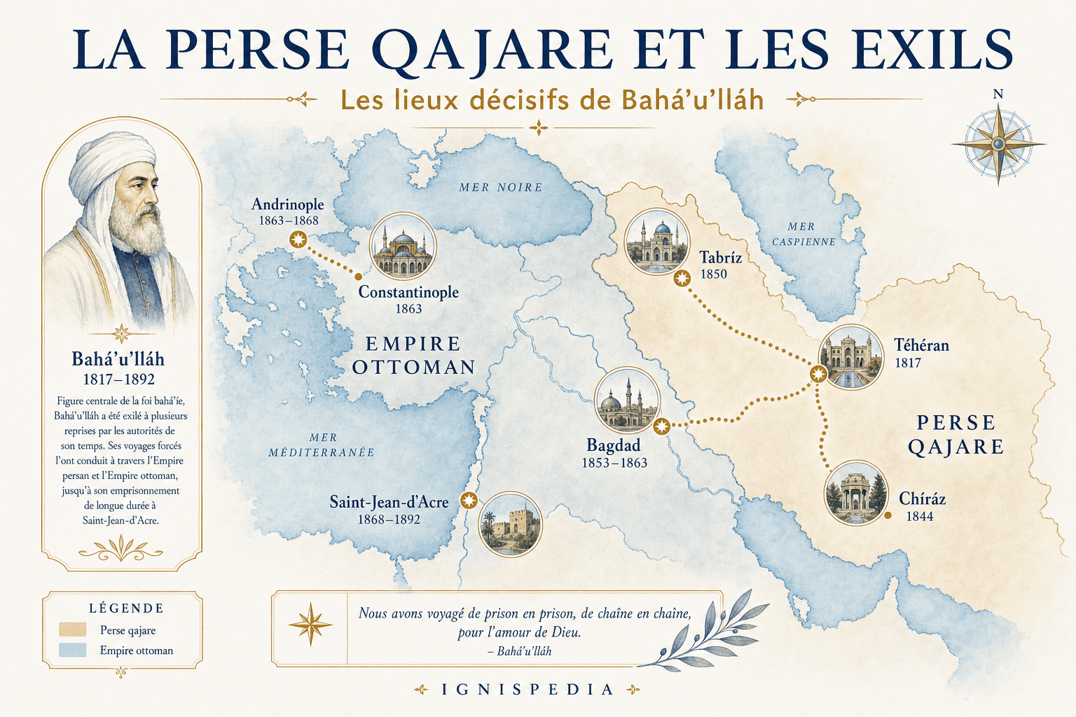 Carte de la Perse qajare et des lieux décisifs de la vie de Bahá'u'lláh