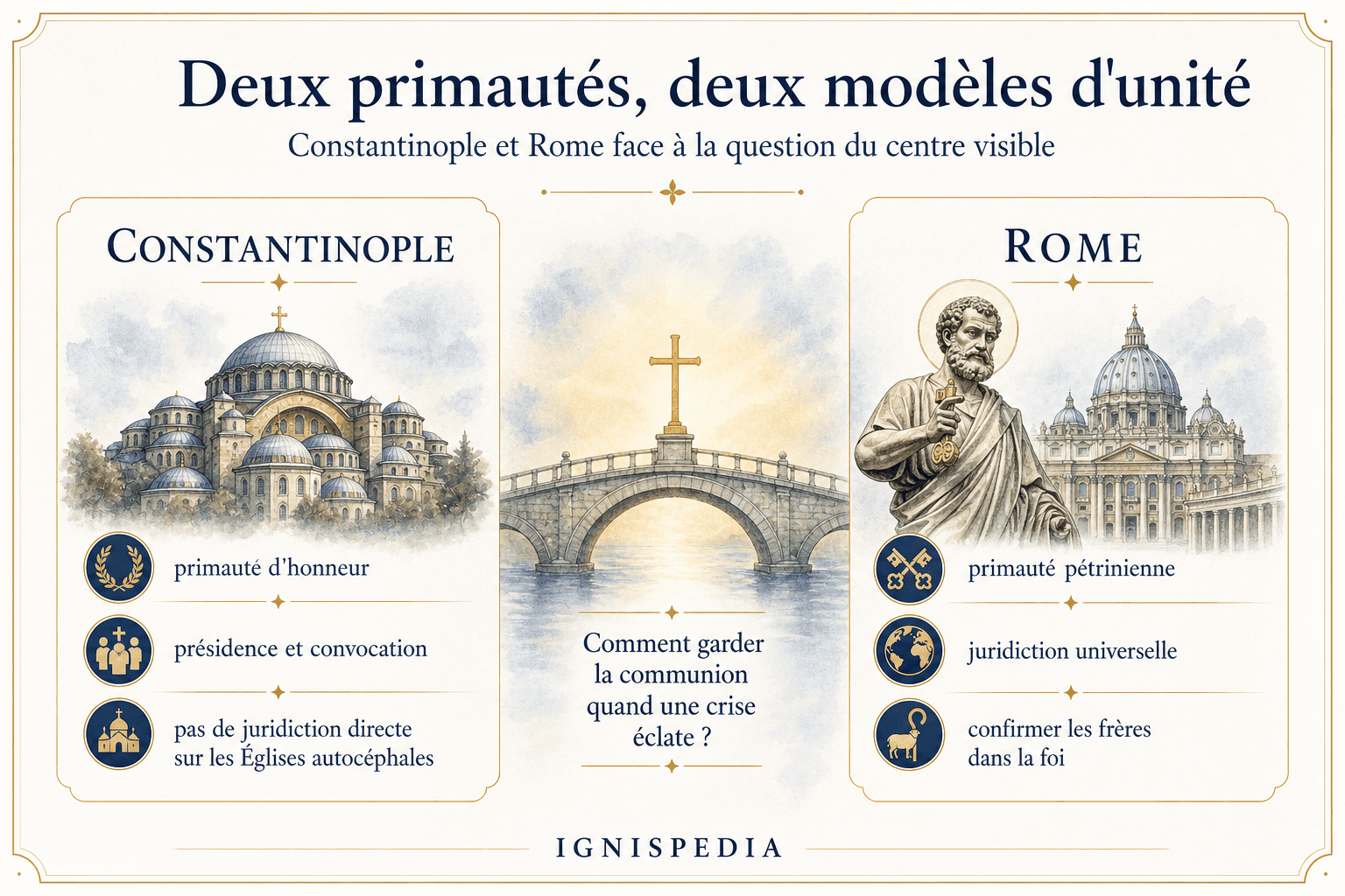 Infographie Ignispedia : deux primautés, deux modèles d'unité entre Constantinople et Rome