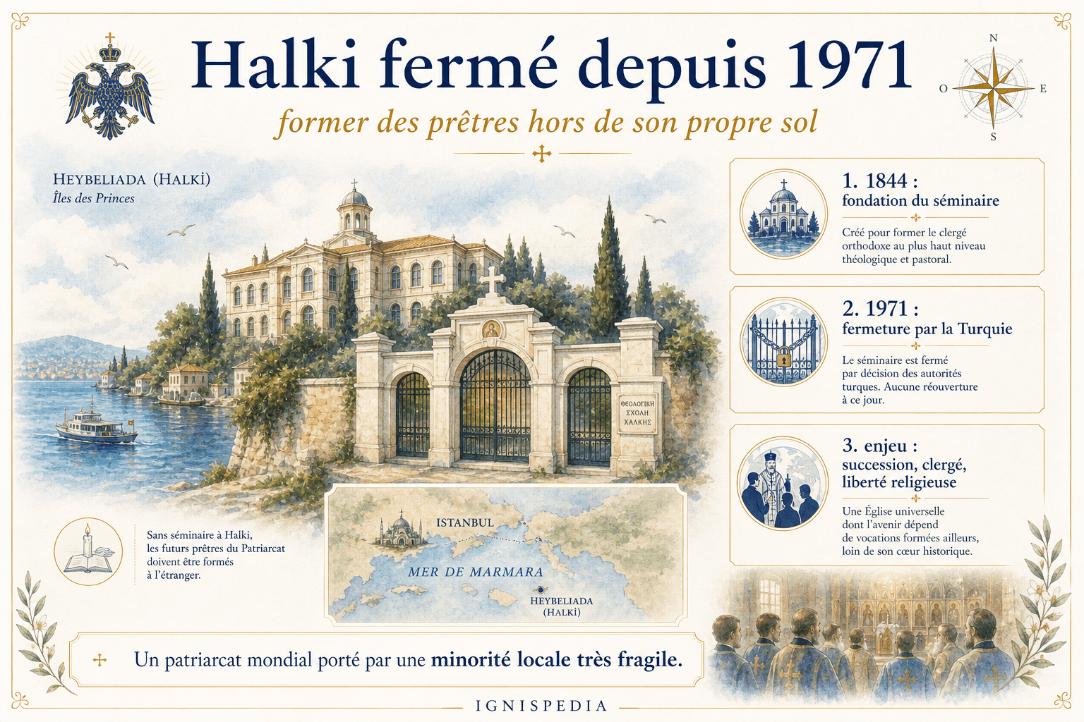 Infographie Ignispedia : Halki fermé depuis 1971, former des prêtres hors de son propre sol