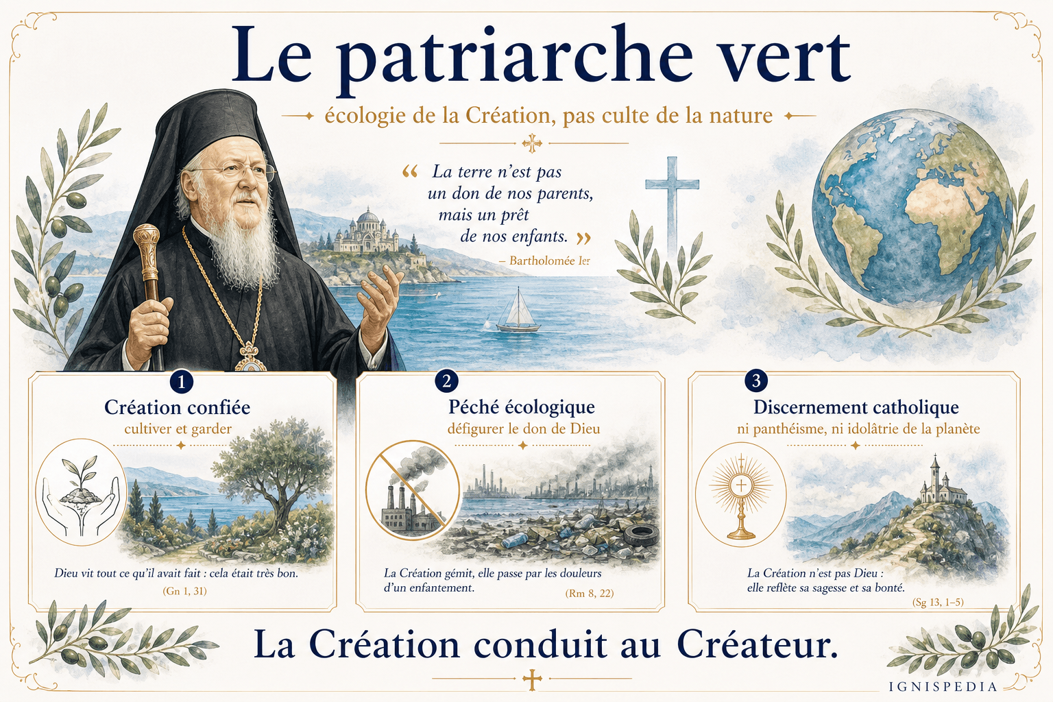 Infographie Ignispedia : Le patriarche vert, écologie de la Création et discernement catholique