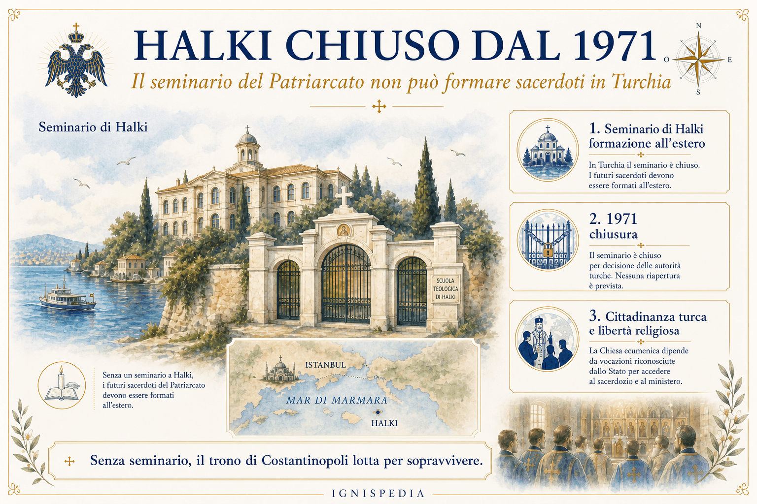 Infografica Ignispedia: Halki chiuso dal 1971, formazione sacerdotale fuori dal proprio suolo