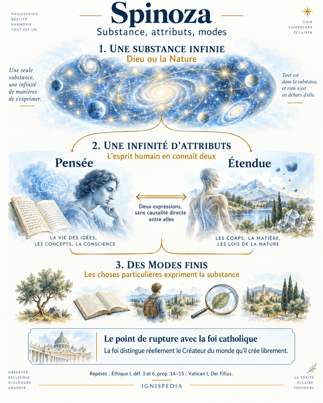 Substance unique, attributs et modes dans le système de Spinoza, distingués du Créateur de la foi catholique.
