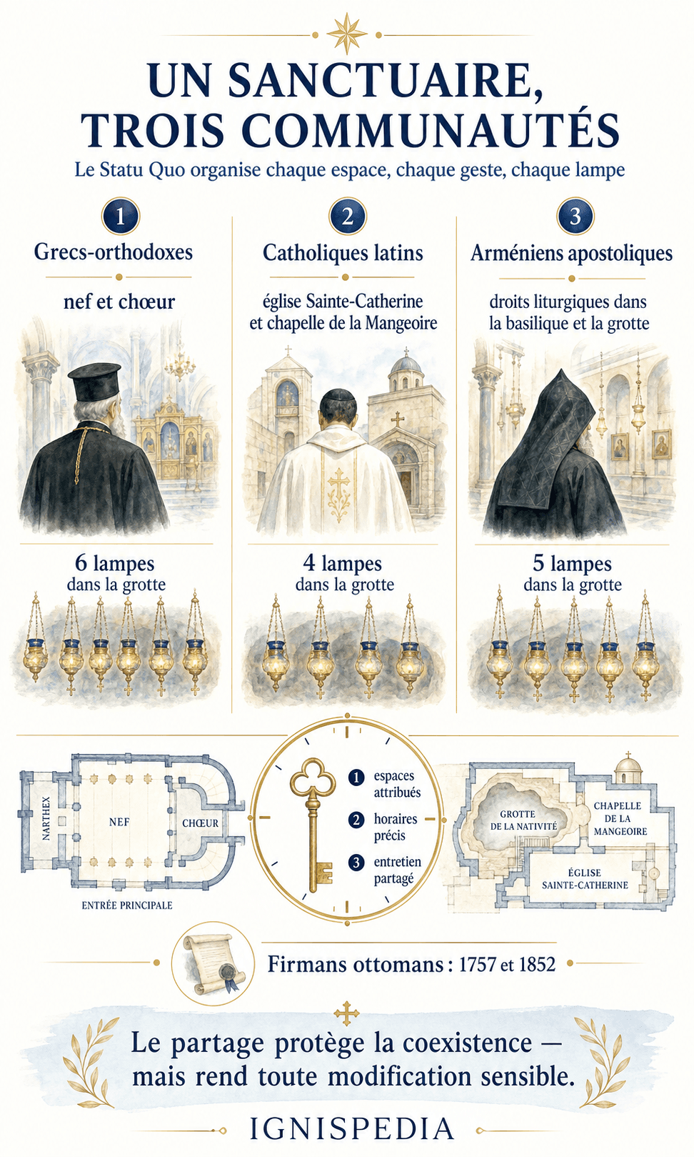 Répartition du sanctuaire entre les communautés grecque-orthodoxe, catholique latine et arménienne apostolique