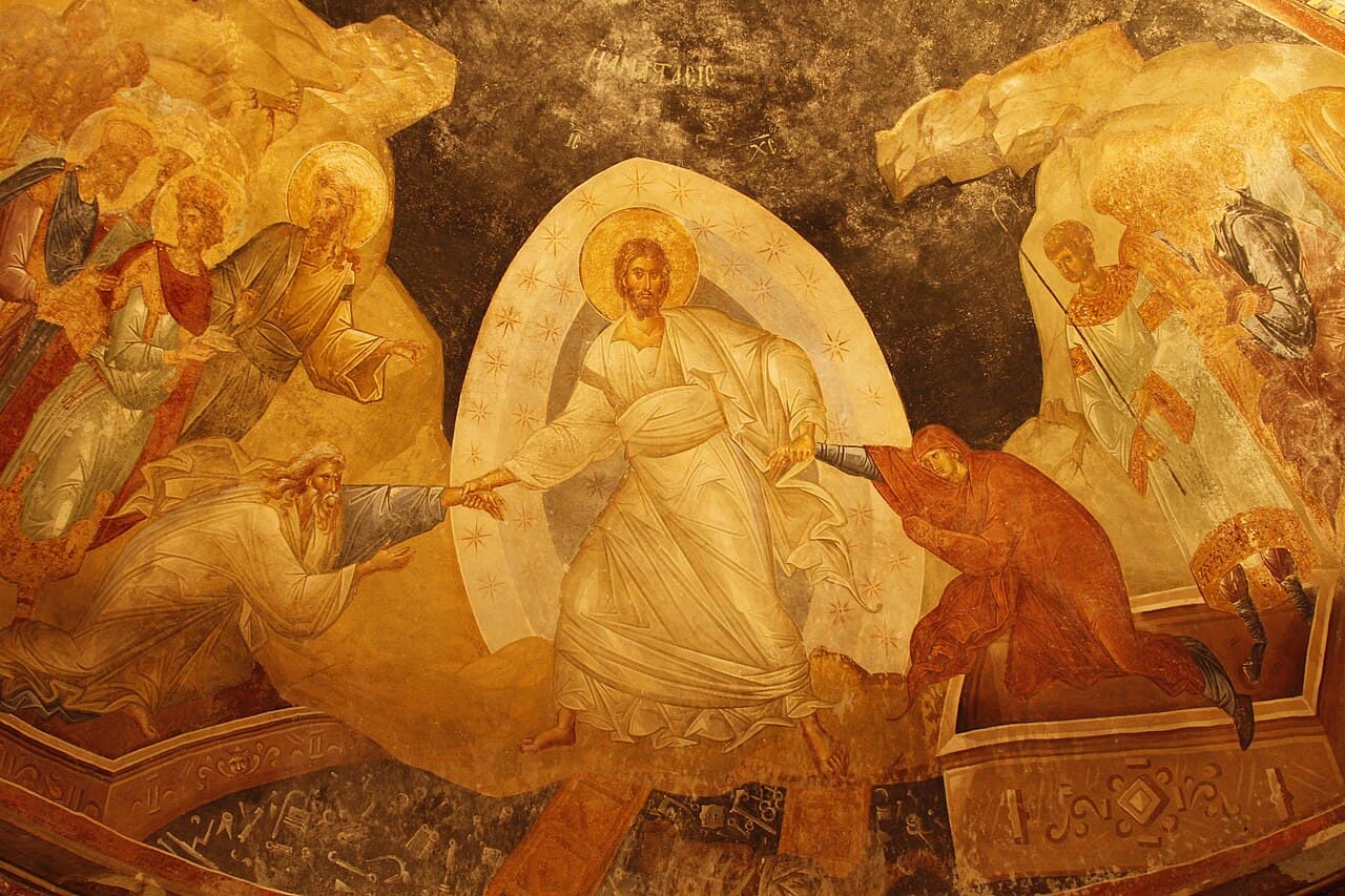 Fresco da Anástasis: Cristo ressuscitado ergue Adão e Eva.