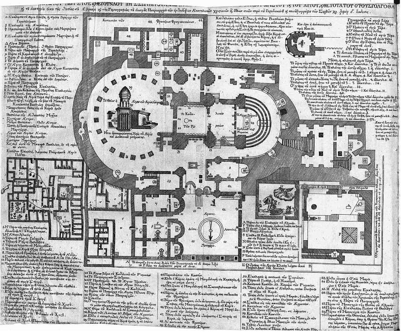 Planta da igreja desenhada em 1807, com o Calvário e o Sepulcro.