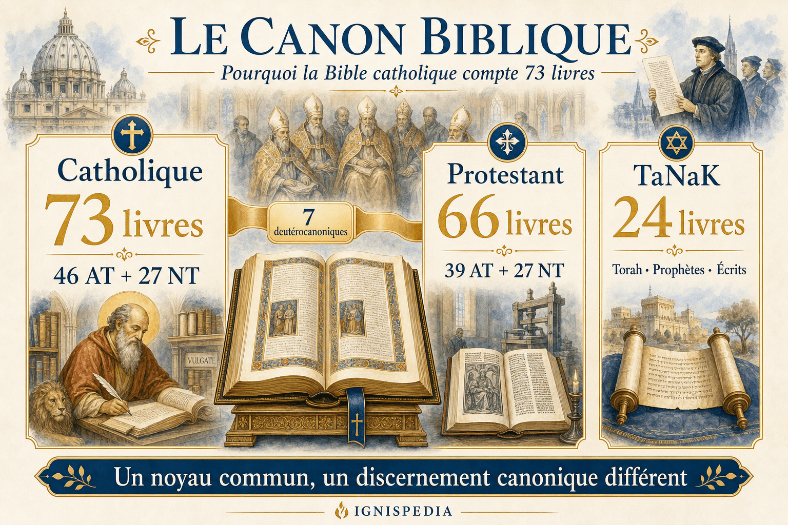 Infographie comparant les canons bibliques catholique, protestant et juif