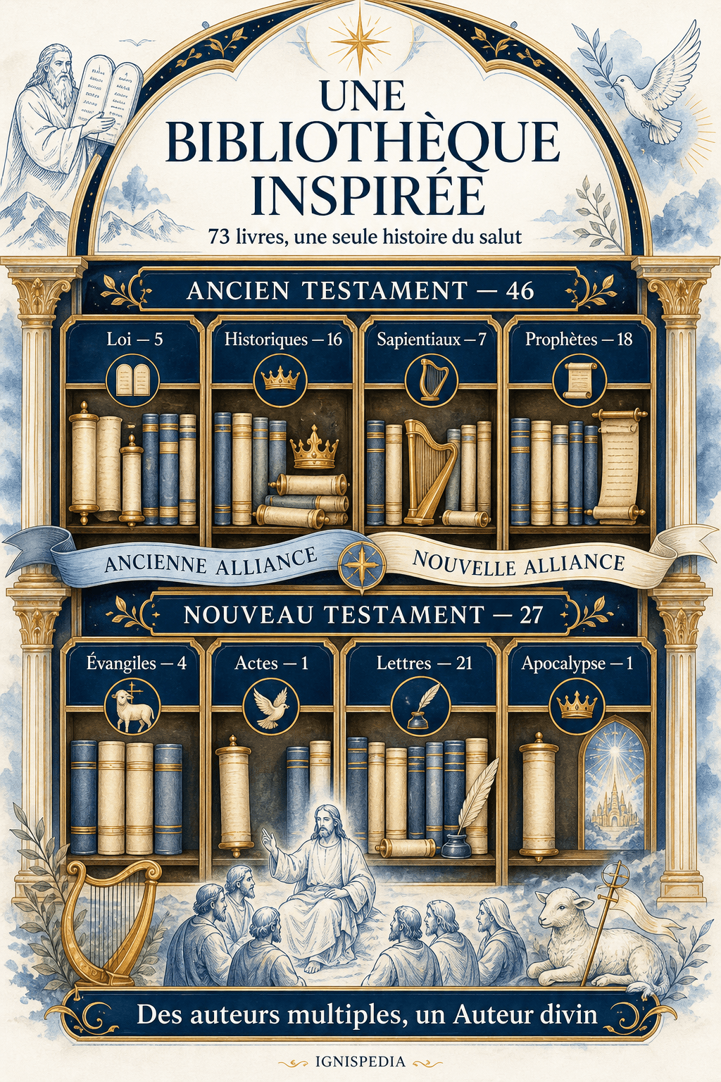 Infographie présentant la Bible comme une bibliothèque inspirée de soixante-treize livres