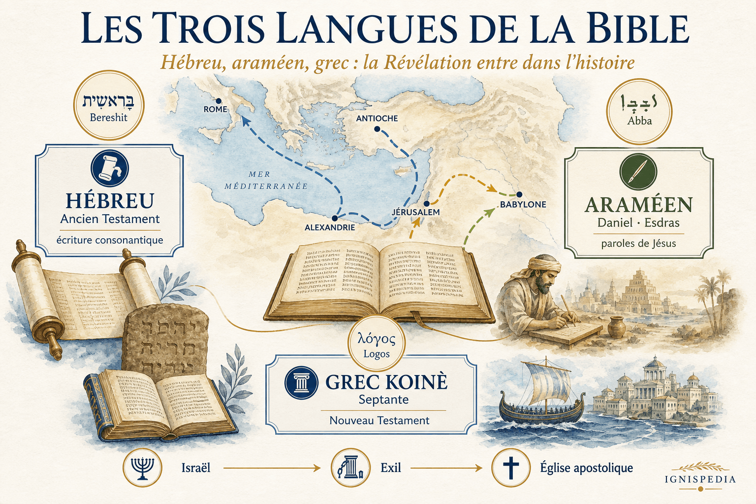 Carte infographique des trois langues bibliques : hébreu, araméen et grec koinè