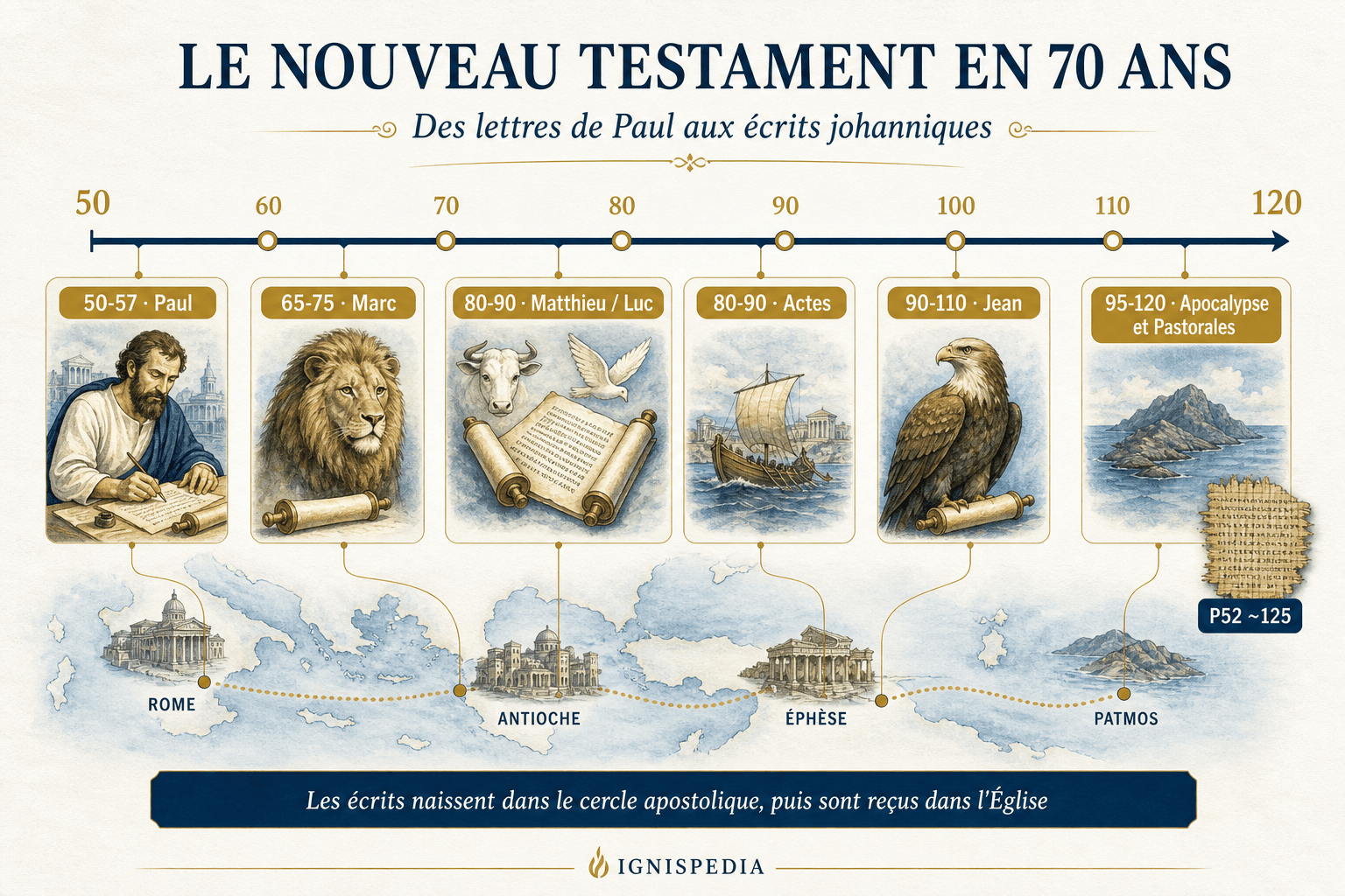 Frise infographique de la composition du Nouveau Testament entre 50 et 120