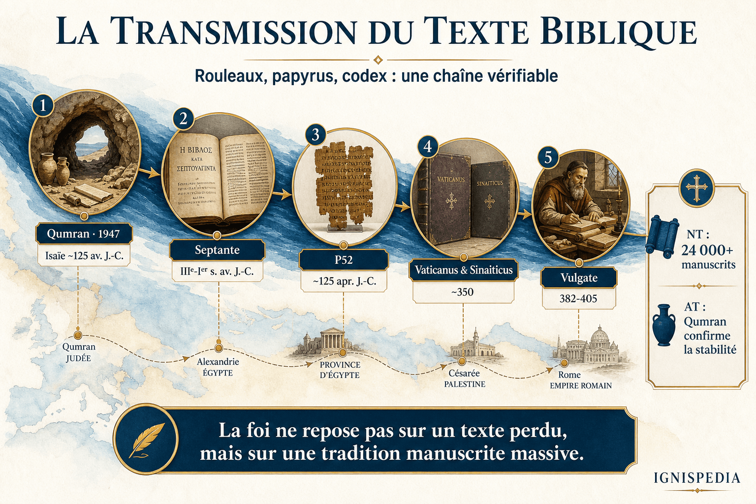 Infographie montrant la chaîne de transmission du texte biblique de Qumran à la Vulgate