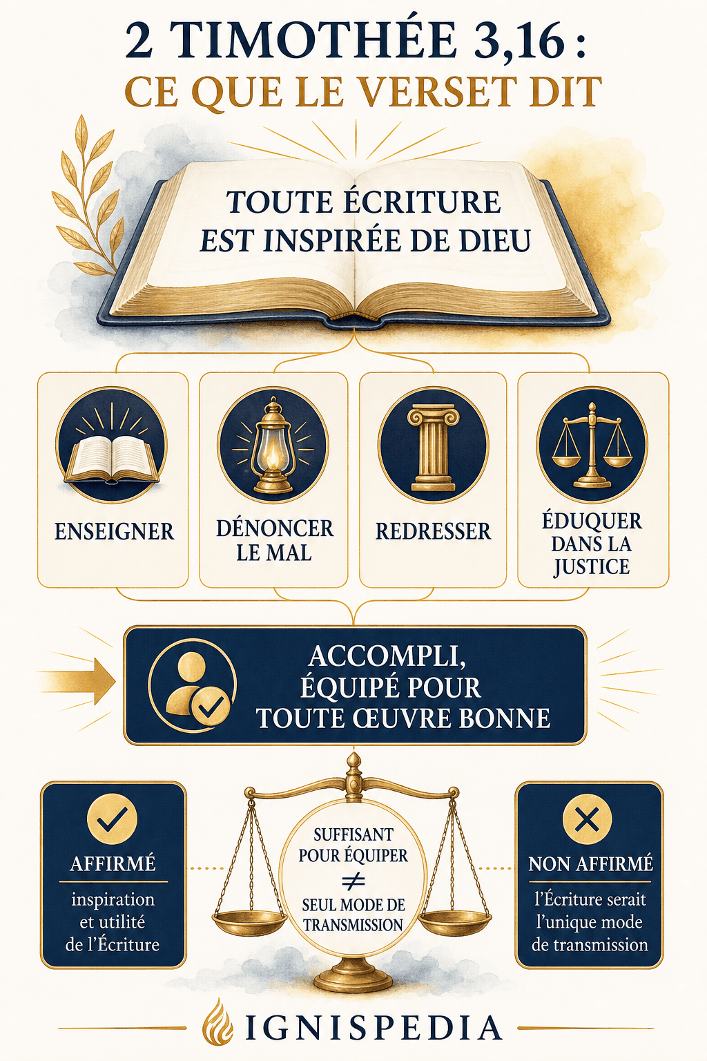Infographie distinguant ce que 2 Timothée 3,16 affirme sur l'Écriture et ce qu'il n'affirme pas