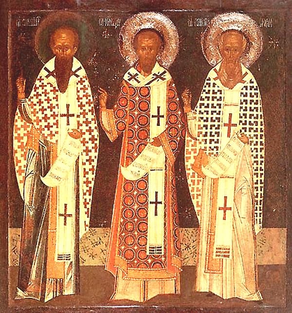 Ikone der Drei Heiligen Hierarchen, darunter der heilige Johannes Chrysostomus und der heilige Basilius der Große