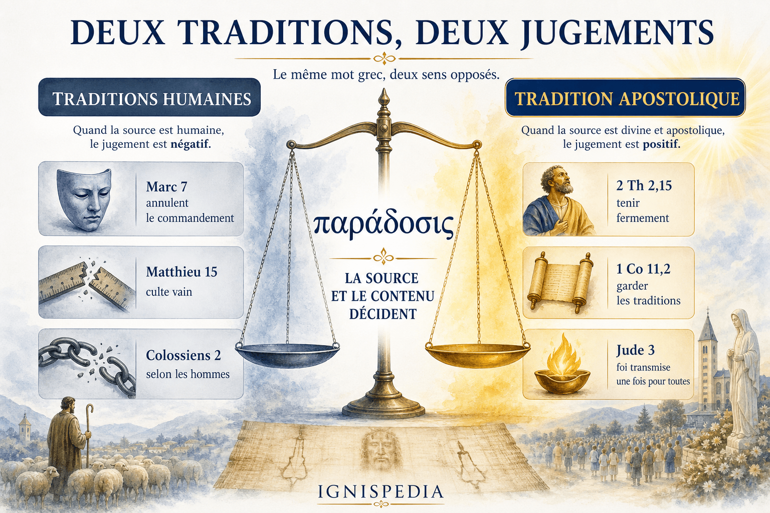 Infographie opposant la tradition des hommes condamnée et la Tradition apostolique commandée