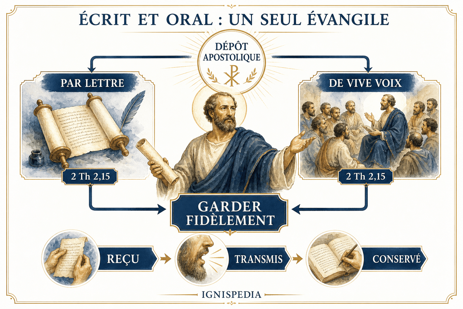 Infographie montrant le même dépôt apostolique transmis par lettre et de vive voix selon 2 Thessaloniciens 2,15