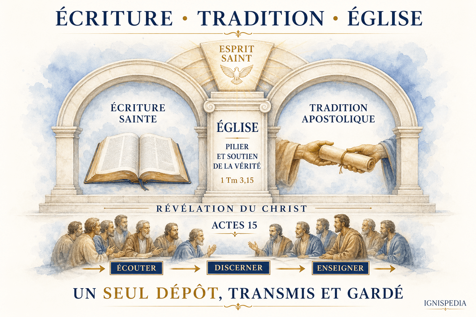 Infographie de l'unique dépôt du Christ servi par l'Écriture, la Tradition et l'Église sous l'action de l'Esprit Saint