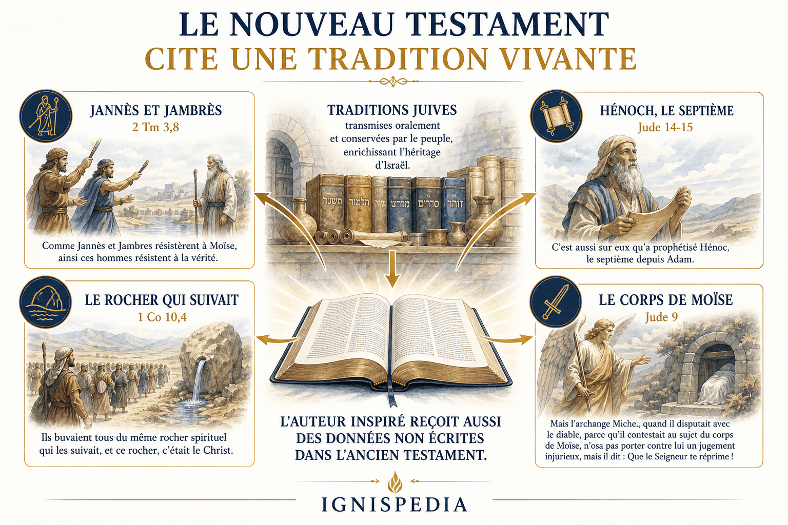 Infographie des emprunts du Nouveau Testament à la tradition juive : Jannès et Jambrès, le rocher qui suit, Hénoch et le corps de Moïse