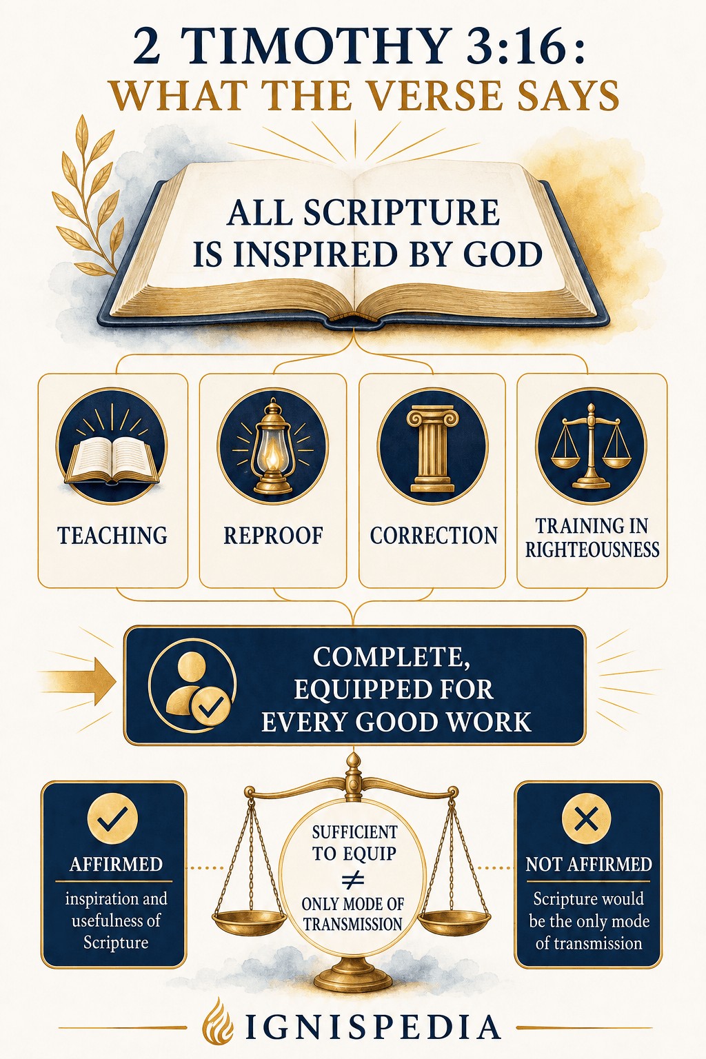 Infographic distinguishing what 2 Timothy 3:16 affirms about Scripture and what it does not affirm